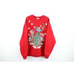 Vintage 90s Womens Large Santa Claus Christmas Nature Faded Sweatshirt Red USA